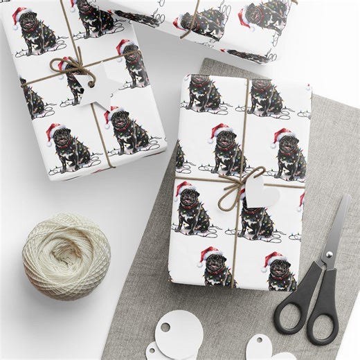 Black Pug Christmas Wrapping Paper, Dog Gift Wrap With Santa Hat and Holiday Lights - Etsy