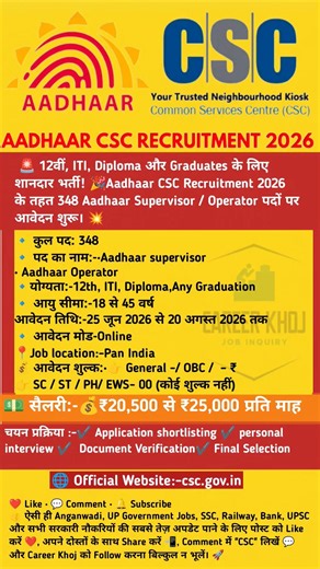 Aadhaar CSC Recruitment 2026 | 348 Vacancy | 12th, ITI, Diploma & Graduate Jobs | No Fee | Apply Now