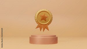 Podium prize gold medal for the top winner, symbol of winning competition, success, victory, championship, triumph, achievement. Winners podium with trophy cups animation. First prize. 3d animation