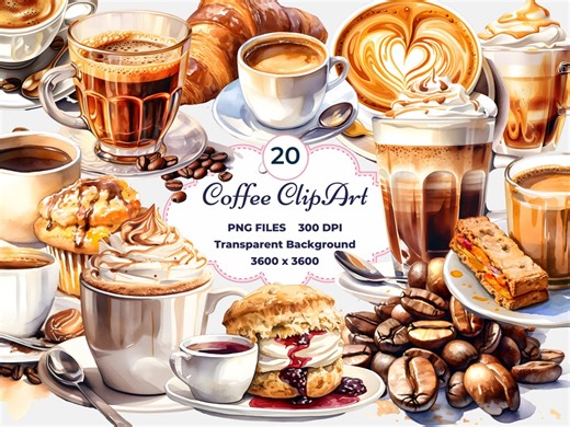 Watercolor Coffee Clipart: Coffee Mugs & Beans PNG (digital Download) - Etsy Canada