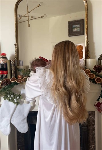 Baby’s First White Christmas in vintage nightgowns for both mama and baby . . . . . #babysfirstchristmas #firstchristmas #vintageclothing #vintagenightgown #vintagechristmas #momtok #babygirl
