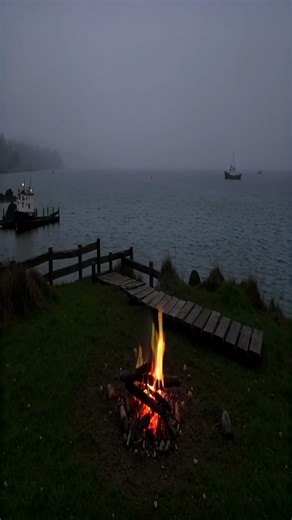Seaside Campfire Ambience🔥 Fire Crackling & Ocean Waves on a Foggy Day