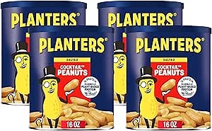 PLANTERS Salted Cocktail Peanuts, Party Snacks, Plant Based Protein 16oz (1 Canister) (Pack of 4)