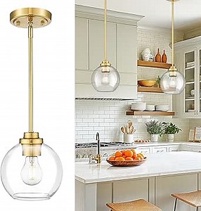 Modern Polished Gold Pendant Light, 7Inch Mid Cenrury Globe Hanging Light Fixture with Clear Glass for Kitchen Island Dining Room Bedroom Hallway Foyer (1 Pack), PL101BG