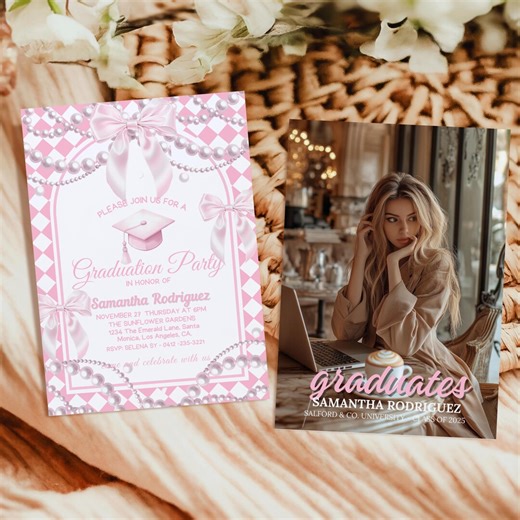 Pink Bow Graduation Invitation, Grad Party Invite, Pink Ribbon Graduation Invitation, Graduation Bundles - Etsy