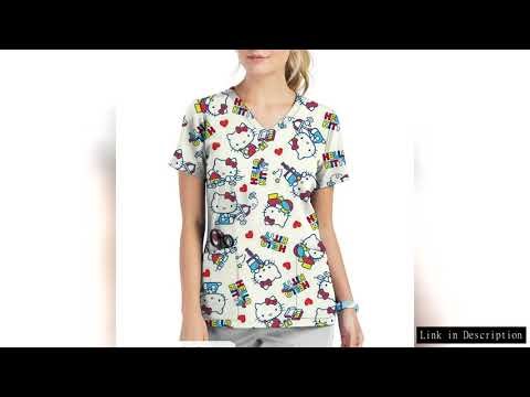 Nursing Uniform Women's Working Clothes Scrubs Top V-Neck With Two Pockets Hello Kitty print Short S