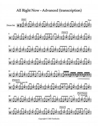 All Right Now - Original Version (Advanced Level) (Free) - Drums Sheet Music