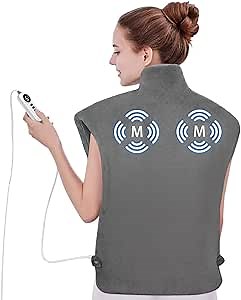 Heating Pad with Massager for Neck and Shoulders, Wearable Electric Heating Pads for Back Pain Relief, Auto-Shut Off, 6 Heat Settings, 4 Massage Modes, Large Size, UL Certified, Gray
