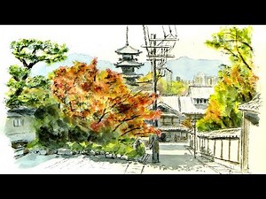 近くの木々はドライブラシが効果的！？ ／ 京都・八坂の塔 【透明水彩風景画】 Autumn leaves in Kyoto Japan 【Watercolor】
