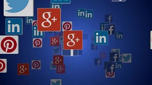 EDITORIAL ANIMATION: Brand icons of the popular social networking coming out virtual space - Facebook, Google+, Twitter, LinkedIn - 3d animation.