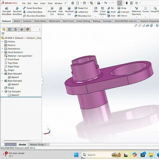 SOLIDWORKS BOSS EXTRUDE, CUT EXTRUDE, FILLET COMMANDS