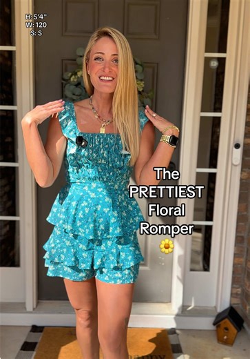 The prettiest spring and summer romper. Smocked bodice for stretch, ruffle sleeves, and the cutest floral detail. Lightweight and airy but still flattering. 🌼 #romper #romperoutfit #floralfashion #springfashion #tiktokshopcreatorpicks