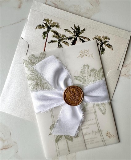 Palm Tree Invitation, Palm Tree on Vellum With Wax Seal and Handmade Ribbon, Tropical Invitation, Palm Trees Destination Wedding Invitation - Etsy