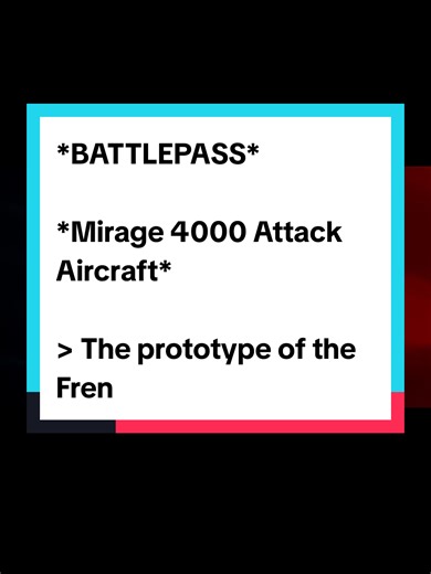 *BATTLEPASS* *Mirage 4000 Attack Aircraft* > The prototype of the French single-seat, twin-engine, multi-role heavy fighter jet adopted a tailless delta wing and fixed canard aerodynamic layout to achieve extremely high payload. Armament: DEFA 554 (30mm) Autocannon AS-30 Anti-Ship Missile ASMPA-R Hypersonic Nuclear Missile Perseus Cruise Missile MBDA Meteor Air-to-Air Missile#michikochmw #jossephine #servalMWL #BANGBUSSIDTEAMNEW #israMW