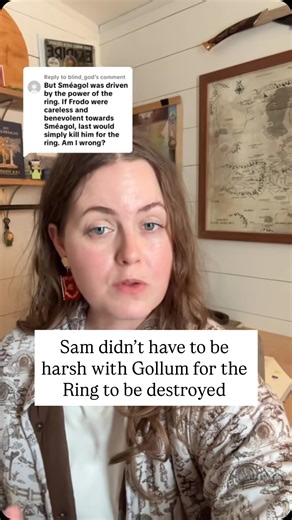 Celebreabird on Instagram: "Why Samwise Gamgee didn’t *have to be* harsh with Gollum for the ring to be destroyed in The Lord of the Rings. I’m also wearing the quilted Shire Toile print jacket from @shopwildwoven in this video. They gifted it to me and I love it so much. Softest jacket ever! #gollum #lordoftherings #frodo #samwisegamgee"