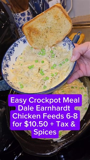 Easy Crockpot Dinner Dale Earnhardt Chicken comes together super easy and feeds 6-8 for $10.51 plus Tax and Spices 2 lbs frozen chicken breast- $5.54 1 10.5 oz can creamnof chicken soup - $0.70 1 14.5 oz Can chicken broth - $0.82 1 block cream cheese $1.49 1 12oz bag frozen peas- $0.98 1 12oz box bowtie pasta - $0.98 6 Whole Cloves of garlic Black Pepper, Smoked Paprika, Garlic Powder, Onion Powder, Dehydrated Minced Onion, Kinders Cowboy Butter, Italian Seasoning Blend #recipe #easydinner