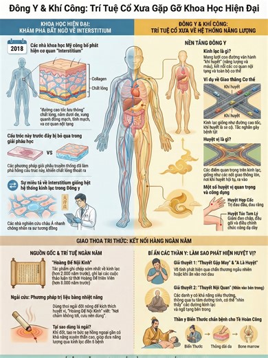 Kinh Lạc, Khí Công và Bí Ẩn Y Học Cổ Truyền tài liệu thảo luận về sự giao thoa giữa y học cổ truyền phương Đông và khoa học hiện đại, đặc biệt là việc xác thực hệ thống kinh lạc và huyệt vị. Video giải thích rằng các nhà khoa học phương Tây gần đây đã phát hiện ra lớp mô interstitium, một cấu trúc có nhiều điểm tương đồng với mạng lưới năng lượng mà Đông y đã mô tả hàng ngàn năm trước. Nội dung cũng nhấn mạnh vai trò của khí huyết và khả năng thấu thị cơ thể của các danh y cổ đại thông qua việc 