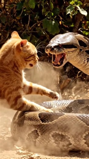 Mother Cat’s Instinct Kicks In Against a Massive Python