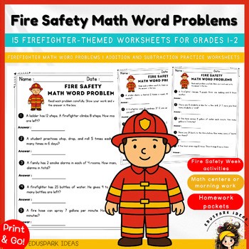 Fire Safety Week Math Activities | Firefighter Word Problem Worksheets 1-2 Grade