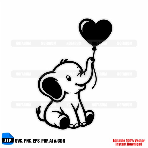 Elephant SVG, Baby Elephant With Heart Balloon (digital Download) - Etsy