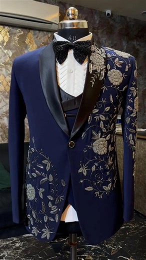Navy Blue Embroidered Tuxedo for Men | Silver Floral Groom Wedding Suit - Etsy