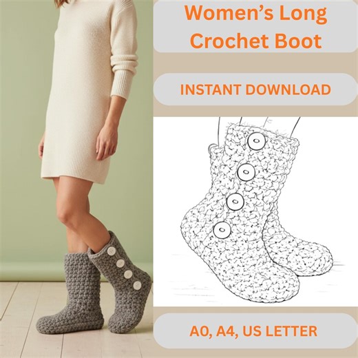 Women Long Crochet Boot Sewing Pattern | DIY Crochet Boot PDF | Digital Download | A0 A4 US Letter | Step-by-Step Instructions