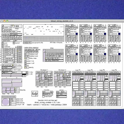 prior self on Instagram: "drool_string_ukelele 1.5 (2004), standalone MaxMSP patch by Shawn Hatfield (Twerk) running on Mac OS X 10.6.8 Algorithmic sequencer system with 8 sample tracks, 4 loop tracks, 2 x0x-style tracks, delay send, VST send, panner, and some weird FFT filter send (top). The sample tracks, panner, and delay are all algorithmically sequenced, and the samples can be loaded individually or at random. The x0x tracks are, I think, intended to be for kick/snare duties and provide a b
