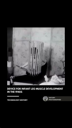 A popular 1940s newsreel showcased a mechanical contraption designed to develop infant leg muscles, often referred to as a "baby exerciser" or "baby treadmill." This device typically involved a baby kicking spokes on a rotating wheel, intended to strengthen them for walking or sports. Credit: AP Archive | History In Pictures