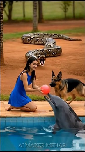 “Dolphin Playing… Suddenly Python Attack! Dog Saves the Girl 😱🐍🐕💦” #shorts #giantpython #dolphin