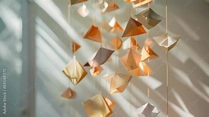 A mobile made from various types of recycled paper dangling from the ceiling and catching the light in a mesmerizing way.