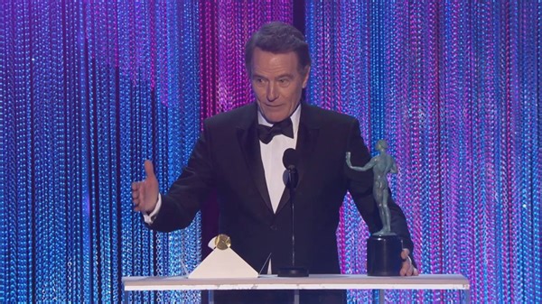 This former President won an award and no, it's not fake news. Bryan Cranston accepts his award for portraying Lyndon B. Johnson at last year's #sagawards. | TNT Drama