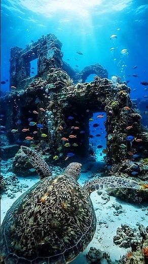 Green Sea Turtle Finds Ancient Sunken Ruins Under Galápagos Islands | Ocean 4K Video #sea #ocean