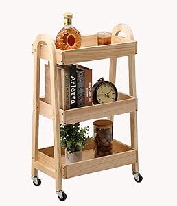 3-Tier Wooden Rolling Cart- Wooden Utility Cart wit Wheels- Utility Rolling Cart-Storage Trolley Organizer- Rolling Kitchen Cart Serving Cart for Office,Kitchen, Kids' Room (natural wood color)