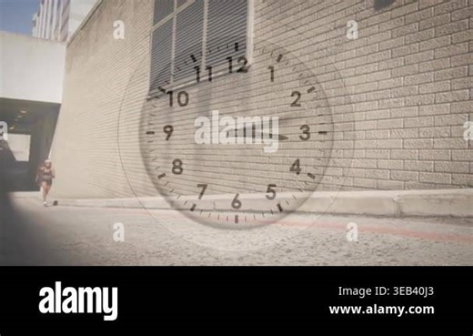 Animation of clock ticking over woman running in city. Global business, finance, business, connections, computing and data processing concept digitally generated video Stock Video Footage - Alamy