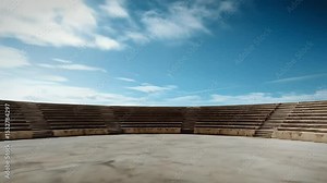 Ancient amphitheater interior, sunlight streams through colonnade, empty seating area, clear blue sky