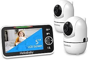HelloBaby Baby Camera Monitor, No Hacking Risks Screen with 2 Cameras and Audio, 5" Remote Pan/Tilt/Zoom, Night Vision, 2-Way Talk, Temperature, 8 Lullabies(2022)