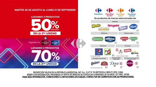 🚀 Promos que no podés dejar pasar 🗓️ Del martes 26/8 al lunes 1/9 aprovecha: ✔️ descuentos en marcas seleccionadas de manteca, galletitas y gaseosas. ✔️ 3x2 en todas las golosinas. 💳 Y si tenés Mi Carrefour Clásico, hay beneficios extra. En todas las sucursales y en micarrefour.com.ar. ¡No te lo pierdas! Más info: https://bit.ly/3Nu4bCi | Carrefour
