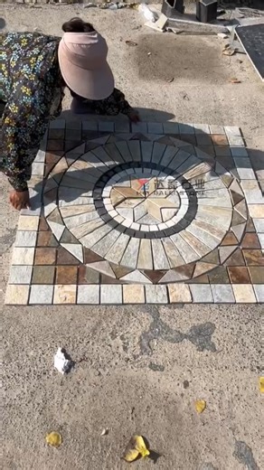 Water-jet Mulitcolor Slate Mosaic Medallion Patio Paving Tile Mosaic medallions are used as decorative art in museums public places, or as interior flooring decoration in homes. We have a vast selection of natural stone colors, and are able to manufacture custom stone medallion. culturedstone@daleistone.com http://daleiculturedstone.com #waterjet #design #slate #paving #patio #medallion #mosaic #landscape #waterjetmosaic #construction #art #handmade #culturestone #garden #DL #reels | Dalei-Cultu