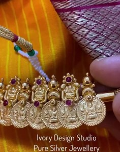 Gorgeous Gajalakshmi Kaasu necklace in pure silver with 22ct gold plating @ivory_handlooms. Please WhatsApp 9003183002 to buy. Free shipping. #ivory_handlooms #ivorydesigns #ivorydesignstudio #necklace #neckpiece #puresilver #goldplating #handcrafted #puresilver #puresilverjewellery #jewellery #traditionaljewellery #ethnicjewellery #indianjewe | Ivorydesignstudio