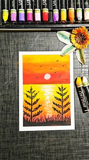 Beautiful Sunset Drawing | Easy tree silhouette Painting #Shorts #success #art
