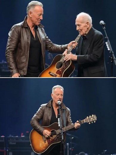 The crowd thought they’d seen every kind of Springsteen encore until Bruce stopped mid-chord, staring into the sea of faces at an older man lifting a battered Fender that shimmered like a ghost from his past. For a moment, the entire stadium froze as Bruce walked forward, eyes widening, realizing it wasn’t just any guitar — it was the one he’d given away forty years ago to a stranger he never expected to see again. Fans near the barricade whispered that they’d never seen The Boss look so undone,