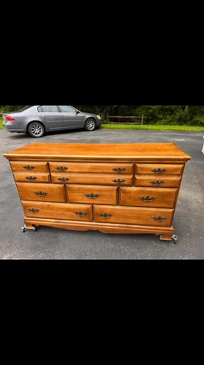 Check out this before and after! This solid maple dresser got reimagined in a light paint wash that softly highlights the gorgeous wood grain. Additionally, the base was trimmed to give it a modern look before sealing the entire piece is clear wax for a buttery smooth finish! #furnituremakeover #allaboutthedetail #detailsmatter #furnituretransformation #furnitureflippersoftiktok #furnitureflipper #beforeandafter #transformation | Reimaginefurniture