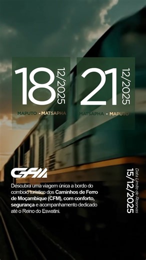 A nova era do turismo em Moçambique Moçambique vive um momento de renascimento no sector do turismo. As instituições nacionais trabalham com compromisso para construir um futuro em que o turismo seja ponte de cooperação e motor de progresso para a região. É neste espírito que os CFM, apresenta uma experiência especial: uma viagem ao Reino de Eswatini, a partir de Maputo, de 18 a 21 de Dezembro, a bordo do histórico Comboio CFM. Inclui 3 noites de acomodação no Esibayeni Lodge, com pequeno-almoço