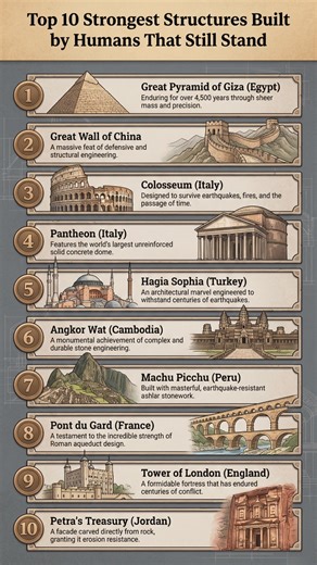 Top 10 Strongest Structures Built by Humans That Still Stand Built to last centuries or even millennia these structures showcase incredible engineering, durability, and human ingenuity. Here are 10 of the strongest man-made structures still standing today 👇 1️⃣ Great Pyramid of Giza (Egypt) – Standing for over 4,500 years, built with millions of stone blocks 2️⃣ Great Wall of China – Spans thousands of kilometers and still stands strong in many sections 3️⃣ Colosseum (Italy) – Survived earthqua