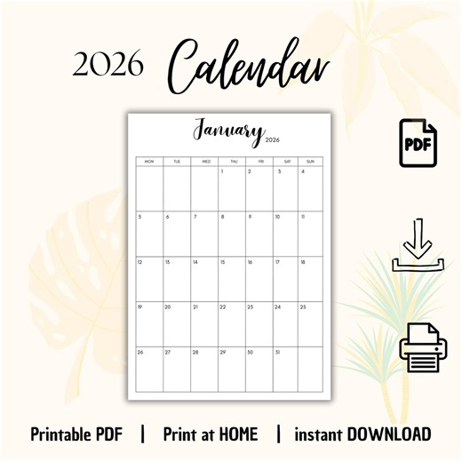 Buy 2026 Calendar Printable | 12 Month Wall Calendar | Minimalist Annual Planner | Instant Download PDF Online in India - Etsy