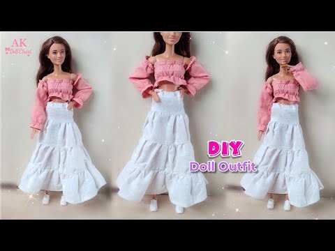 How to Make Barbie Off-Shoulder Top & Tiered Skirt | Doll dress Making easy| AK Doll Closet