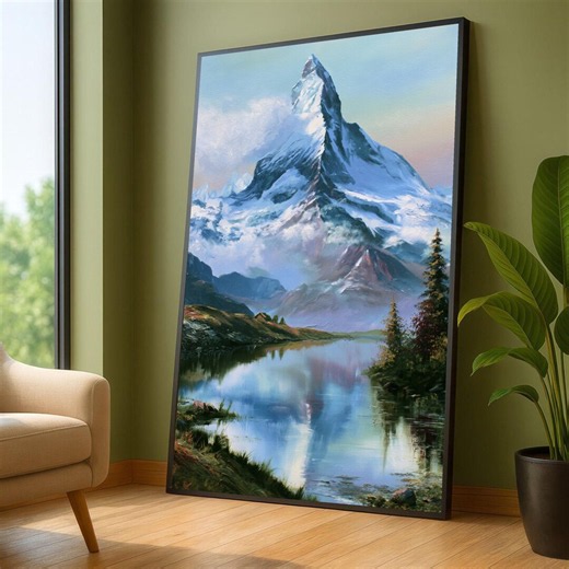 Majestic Snowy Mountain Canvas, Alpine Lake Reflection Wall Art, Nature Landscape Painting, Serene Wilderness Home Decor, Ready to Hang - Etsy