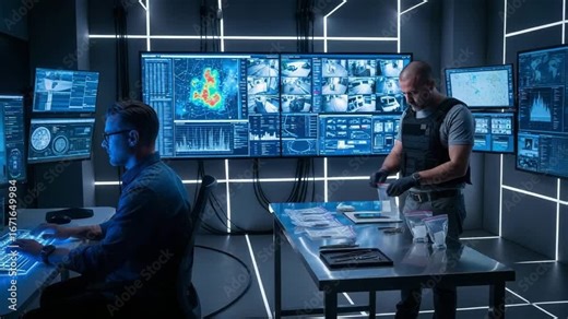 High-tech security operations center with digital analyst at workstation, multiple data screens, modern control room concept, cyber surveillance and technology monitoring environment. Stock Video