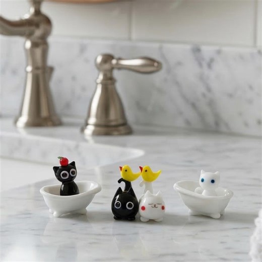 Hand Blown Glass Cat Figurine Set - Cute Kitty & BirdMiniature Decor, Handmade Animal Glass Art, Unique CatLover Gift