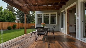 Wooden Deck with Pergola, Table and Chairs, and Sliding Door Leading to a House